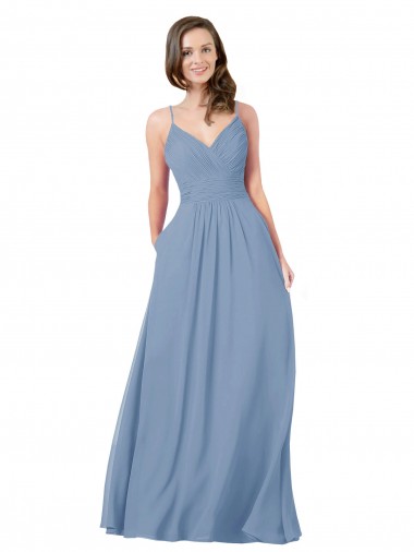 Chiffon V-Neck Open Back A-Line Dusty Blue Bridesmaid Dress / Evening Dress Derby