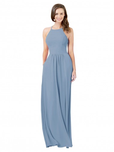 Chiffon Halter Neck Keyhole Back A-Line Dusty Blue Bridesmaid Gowns Derby