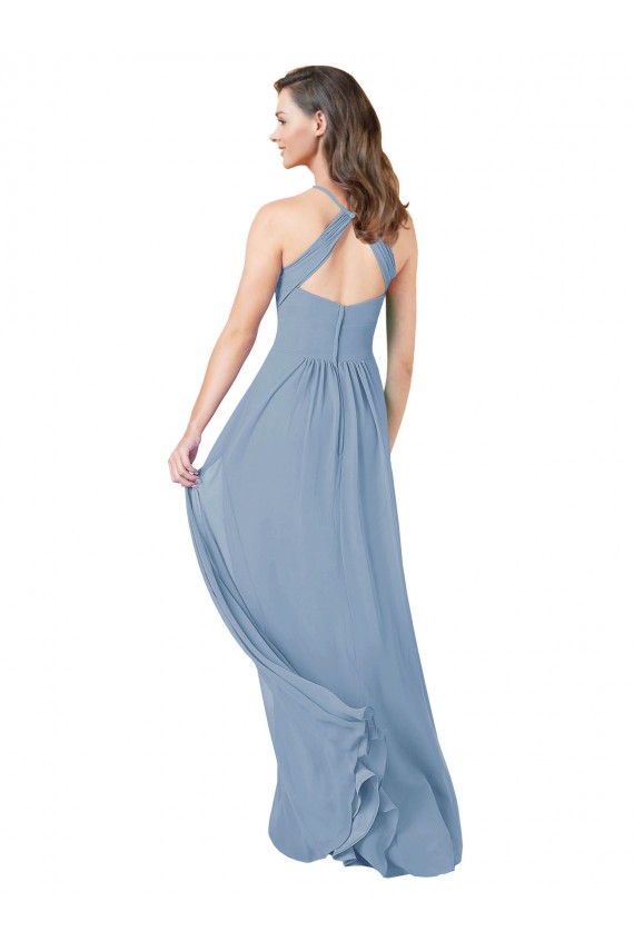Chiffon Halter Neck Keyhole Back A-Line Dusty Blue Bridesmaid Gowns Derby
