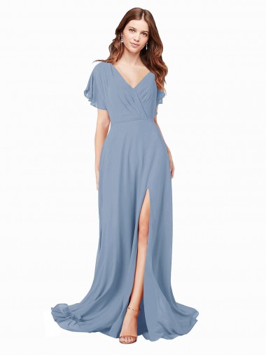 Soft Chiffon V-Neck A-Line Dusty Blue Black Tie Prom Dress / Bridesmaid Dress Derby