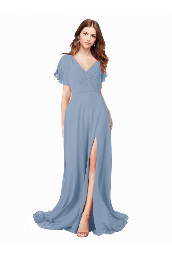 Soft Chiffon V-Neck A-Line Dusty Blue Black Tie Prom Dress / Bridesmaid Dress Derby