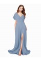 Soft Chiffon V-Neck A-Line Dusty Blue Black Tie Prom Dress / Bridesmaid Dress Derby