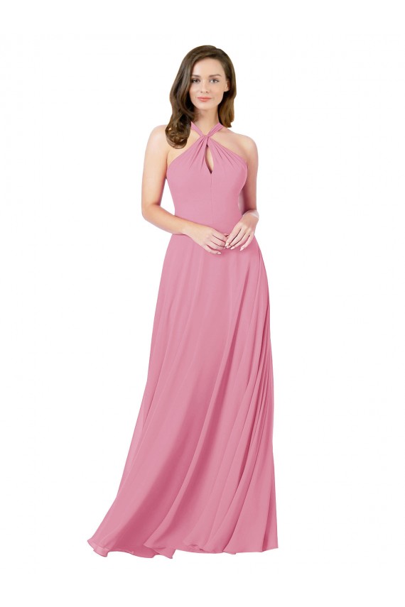 Soft Chiffon Halter Neck Keyhole Back A-Line Skin Pink Prom Dress / Bridesmaid Dress Derby