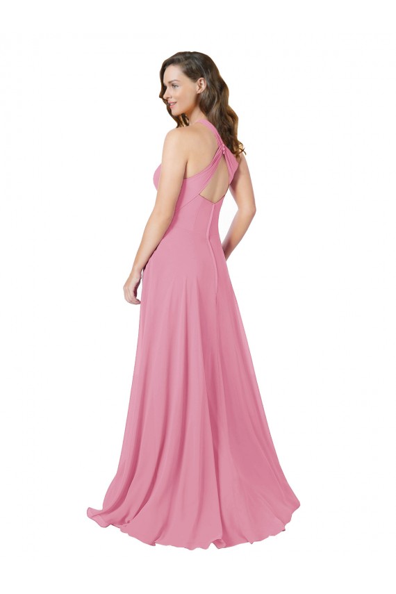 Soft Chiffon Halter Neck Keyhole Back A-Line Skin Pink Prom Dress / Bridesmaid Dress Derby