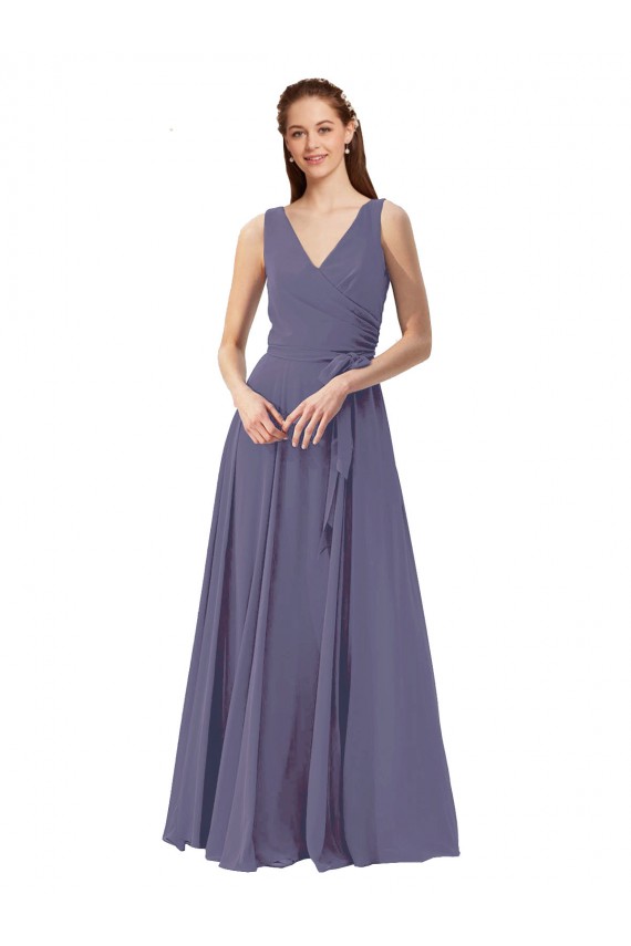 Soft Chiffon V-Neck A-Line Silver Stone Bridesmaid Dress Derby