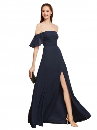 Soft Chiffon Off the Shoulder A-Line Dark Navy Prom Dress / Bridesmaid Dress Derby