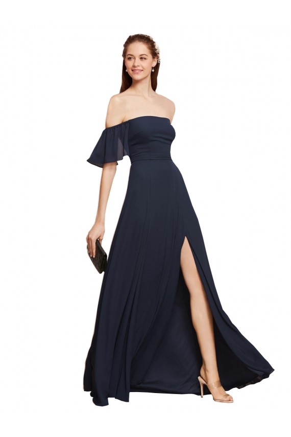 Soft Chiffon Off the Shoulder A-Line Dark Navy Prom Dress / Bridesmaid Dress Derby