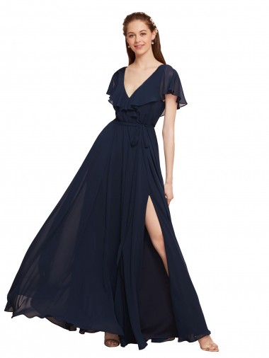 Chiffon V-Neck V-Back A-Line Dark Navy Evening Gowns / Bridesmaid Dresses Derby