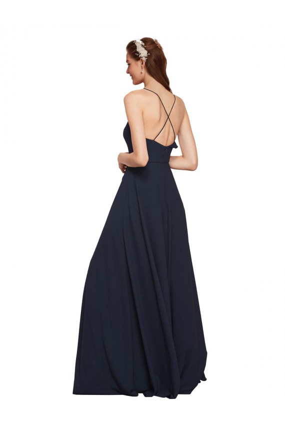Soft Chiffon V-Neck Open Back A-Line Dark Navy Bridesmaid Dresses Derby