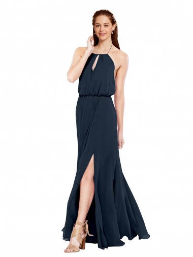 Chiffon Halter Neck Open Back A-Line Dark Navy Bridesmaid Dress / Evening Dress Derby
