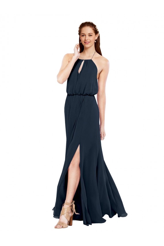Chiffon Halter Neck Open Back A-Line Dark Navy Bridesmaid Dress / Evening Dress Derby