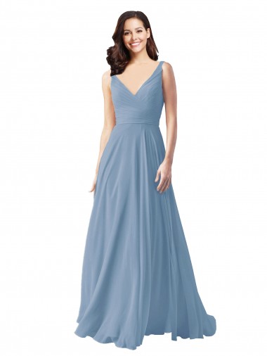 Chiffon V-Neck A-Line Dusty Blue Wedding Party Dress Derby