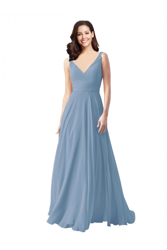Chiffon V-Neck A-Line Dusty Blue Wedding Party Dress Derby