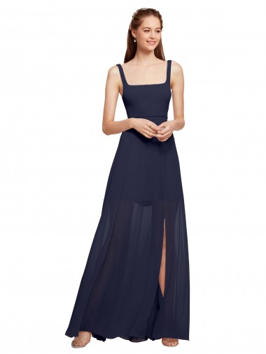 Chiffon Square Neck A-Line Dark Navy Bridesmaid Dress / Evening Dress Derby