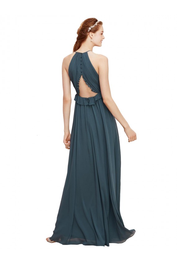 Soft Chiffon Halter Neck Keyhole Back Sheath Black Bridesmaid Dress Derby