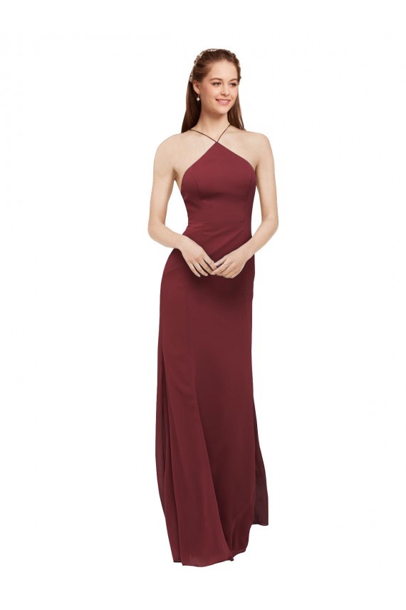 Soft Chiffon Halter Neck Open Back Sheath Burgundy Formal Dress / Bridesmaid Dress Derby