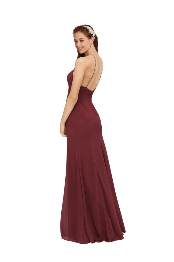 Soft Chiffon Halter Neck Open Back Sheath Burgundy Formal Dress / Bridesmaid Dress Derby