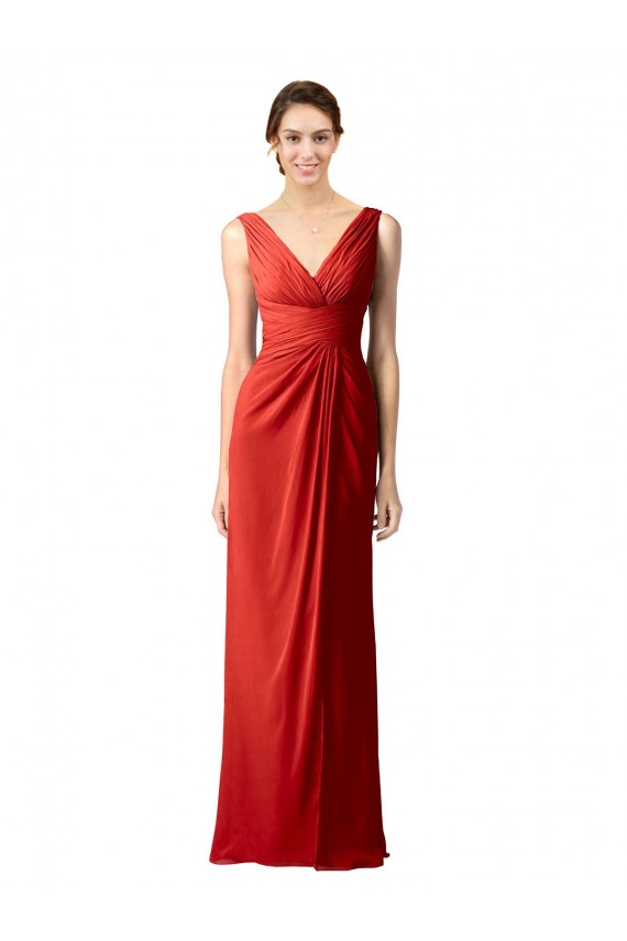 Soft Chiffon V-Neck V-Back Sheath Red Bridesmaid Dress Derby