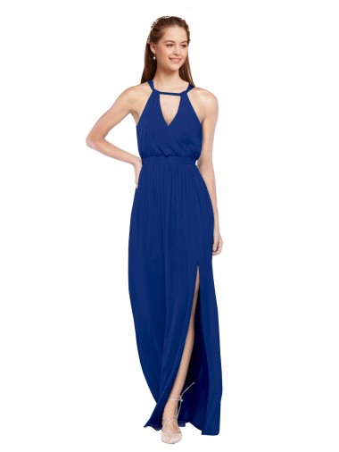 Soft Chiffon High Neck A-Line Royal Blue Bridesmaid Dress Derby