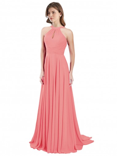 Chiffon Halter Neck Open Back A-Line Watermelon Bridesmaid Dress / Evening Dress Derby