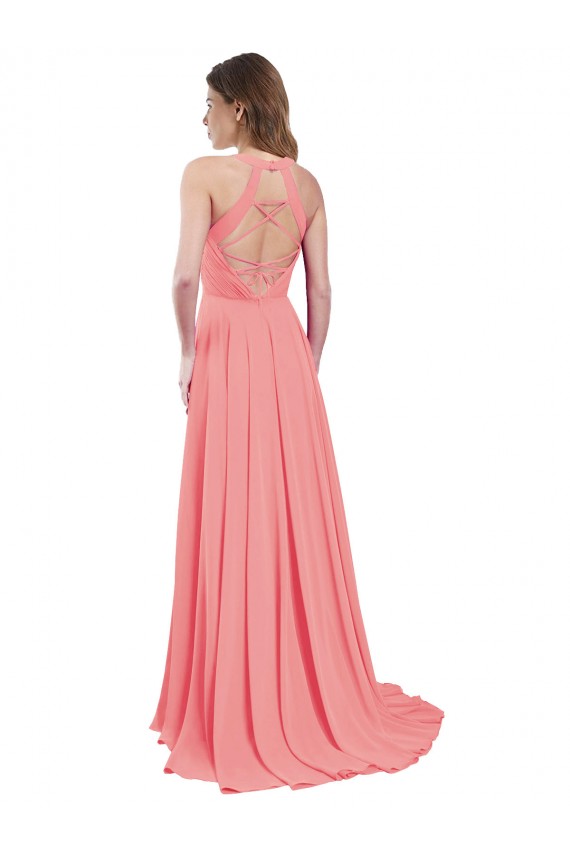 Chiffon Halter Neck Open Back A-Line Watermelon Bridesmaid Dress / Evening Dress Derby