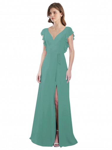Soft Chiffon V-Neck V-Back A-Line Icelandic Silver Formal Dress / Bridesmaid Dress Derby