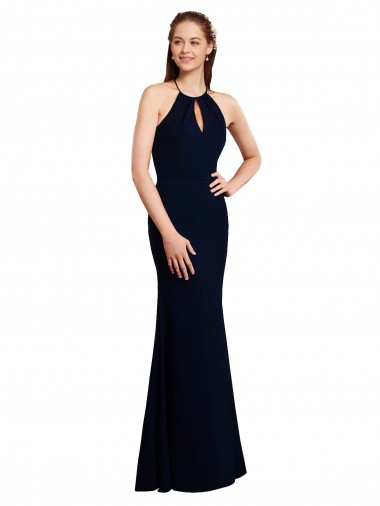 Soft Chiffon Halter Neck Open Back Mermaid Dark Navy Bridesmaid Dress Derby