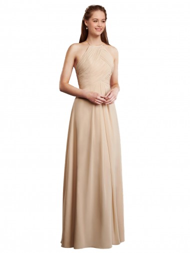 Soft Chiffon Halter Neck Low Back A-Line Champagne Bridesmaid Dress Derby