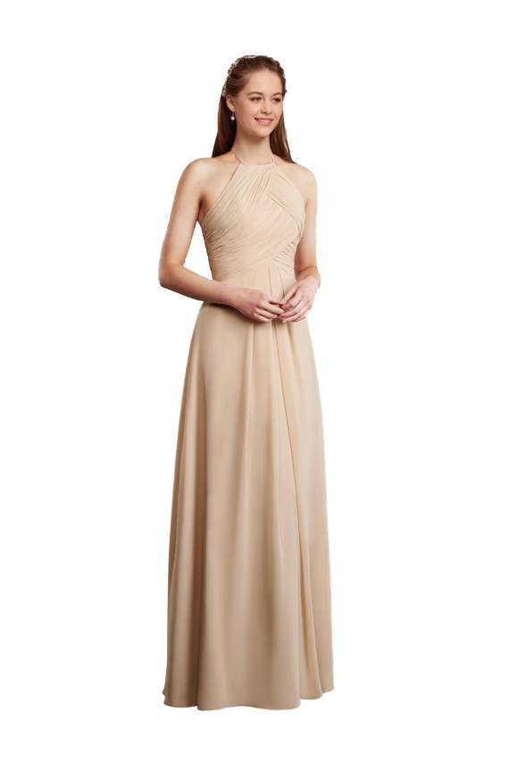 Soft Chiffon Halter Neck Low Back A-Line Champagne Bridesmaid Dress Derby