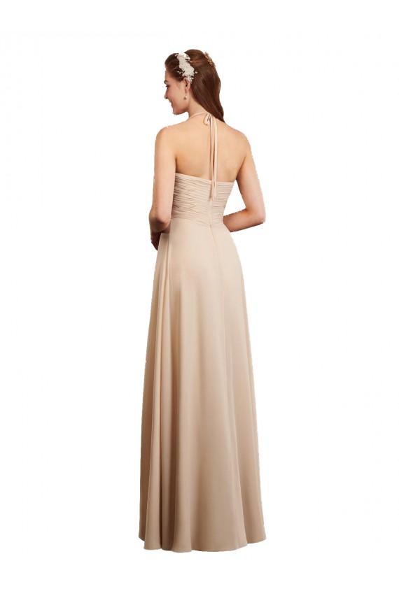 Soft Chiffon Halter Neck Low Back A-Line Champagne Bridesmaid Dress Derby