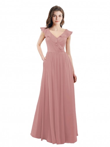 Soft Chiffon V-Neck V-Back A-Line Dusty Pink Bridesmaid Dress Derby