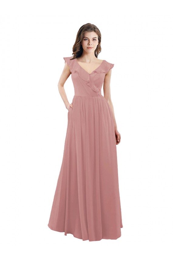 Soft Chiffon V-Neck V-Back A-Line Dusty Pink Bridesmaid Dress Derby