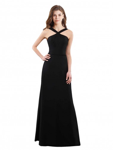 Soft Chiffon Halter Neck Open Back A-Line Black Bridesmaid Dress Derby