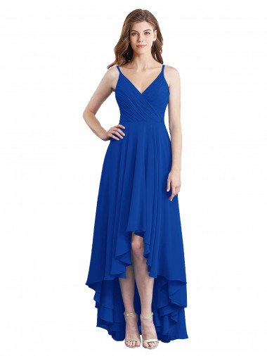 Soft Chiffon Spaghetti Straps Open Back A-Line Royal Blue High Low Bridesmaid Dress Derby