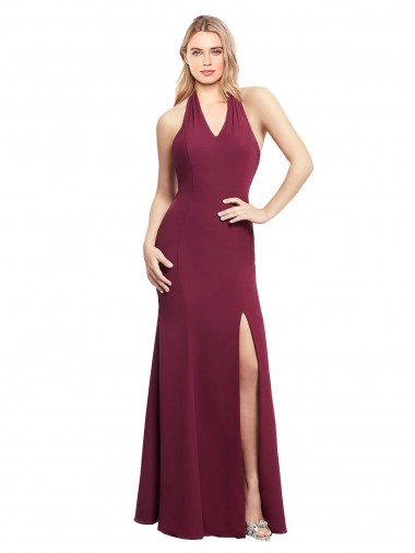 Soft Chiffon Halter Neck Open Back Mermaid Burgundy Bridesmaid Dress Derby
