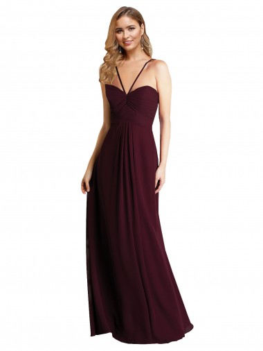 Chiffon Spaghetti Straps Keyhole Back A-Line Burgundy Gold Wedding Party Dress Derby