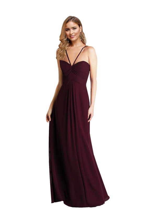 Chiffon Spaghetti Straps Keyhole Back A-Line Burgundy Gold Wedding Party Dress Derby