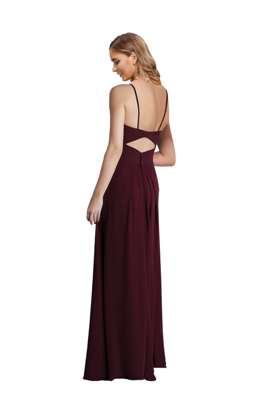 Chiffon Spaghetti Straps Keyhole Back A-Line Burgundy Gold Wedding Party Dress Derby