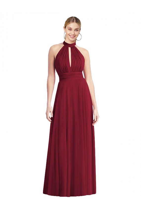 Soft Chiffon High Neck Open Back A-Line Burgundy Semi Formal Evening Dress / Bridesmaid Dress Derby