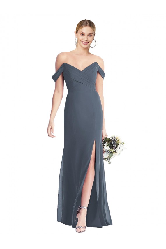 Soft Chiffon Off the Shoulder Open Back Trumpet Silver Stone Bridesmaid Dress Derby