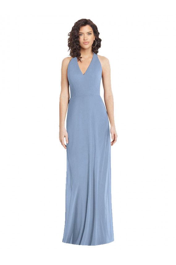 Soft Chiffon V-Neck Open Back Trumpet Dusty Blue Formal Evening Gown / Bridesmaid Dress Derby