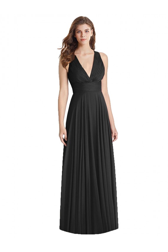 Soft Chiffon V-Neck Open Back A-Line Black Bridesmaid Dress Derby