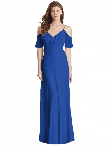 Soft Chiffon V-Neck V-Back Trumpet Royal Blue Semi Formal Evening Dress / Bridesmaid Dress Derby