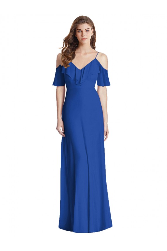 Soft Chiffon V-Neck V-Back Trumpet Royal Blue Semi Formal Evening Dress / Bridesmaid Dress Derby