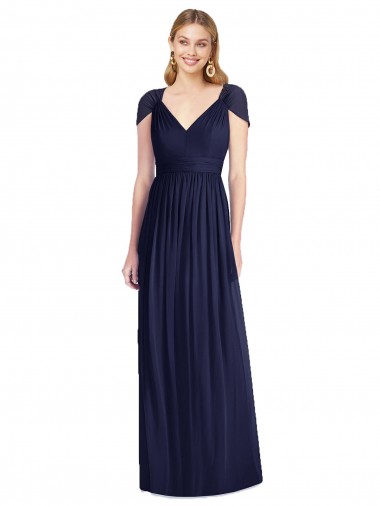 Soft Chiffon V-Neck Open Back Trumpet Dark Navy Bridesmaid Dress Derby
