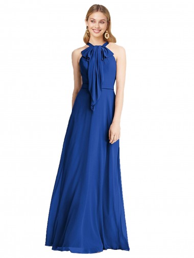 Soft Chiffon Halter Neck V-Back A-Line Royal Blue Bridesmaid Dress Derby