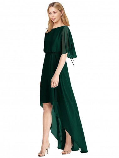 Soft Chiffon Round Neck Tie Back A-Line Ever Green High Low Bridesmaid Dress Derby