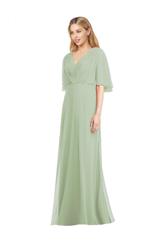 Soft Chiffon V-Neck Trumpet Smoke Green Bridesmaid Dress Derby
