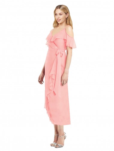 Soft Chiffon V-Neck Trumpet Salmon High Low Bridesmaid Dress Derby