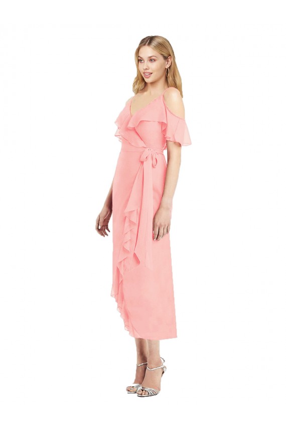 Soft Chiffon V-Neck Trumpet Salmon High Low Bridesmaid Dress Derby